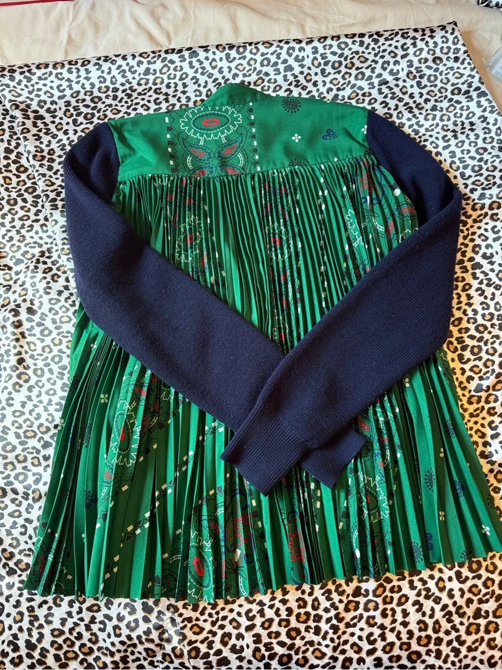 Sacai Navy Cardigan with Emerald Green Accents